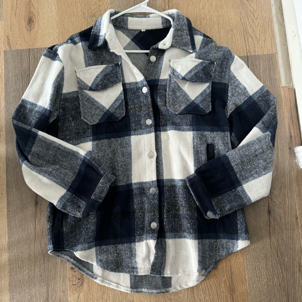 Navy Blue Flannel Plaid Shacket